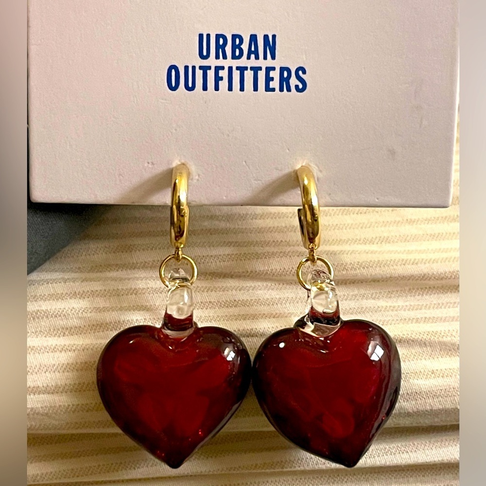 Urban Outfitters Red Heart Glass Earrings with Flower Inside